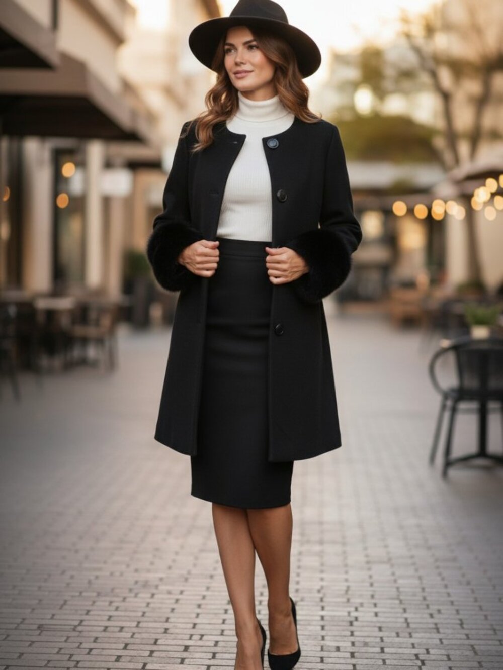 Dale Dressin Black Fox Fur Cuffs Cashmere Wool Belt Designer Coat Size 12.R
